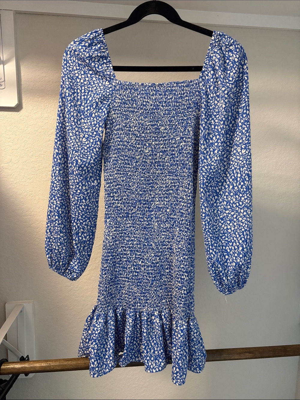 Blue Smocked Long-Sleeve Mini Dress